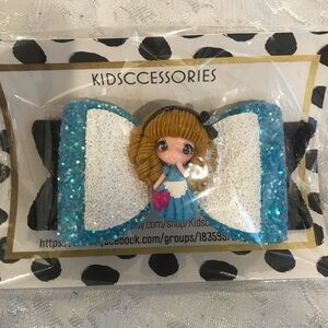 Blue & White Glitter Kids Bow Hair Clip with Doll Center